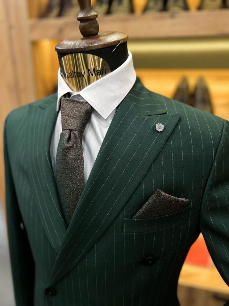 Костюм MAZALTOVMAN 2-ка Premium Зеленый в полоску двубортный