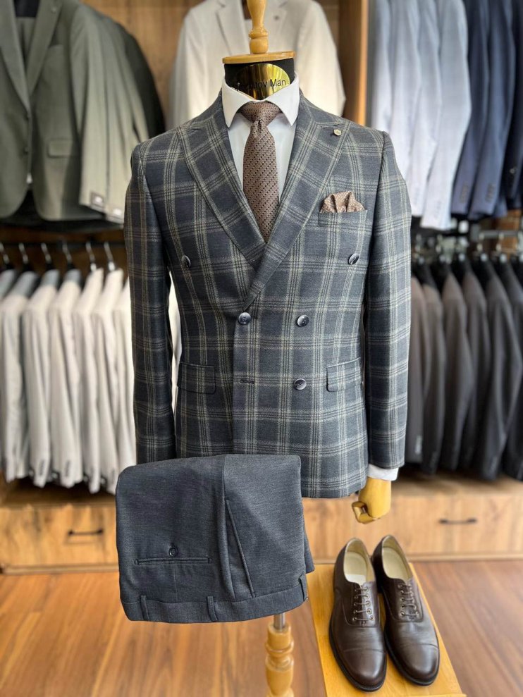 Костюм MAZALTOVMAN 2-ка двубортный Premium Серый в бежевую клетку